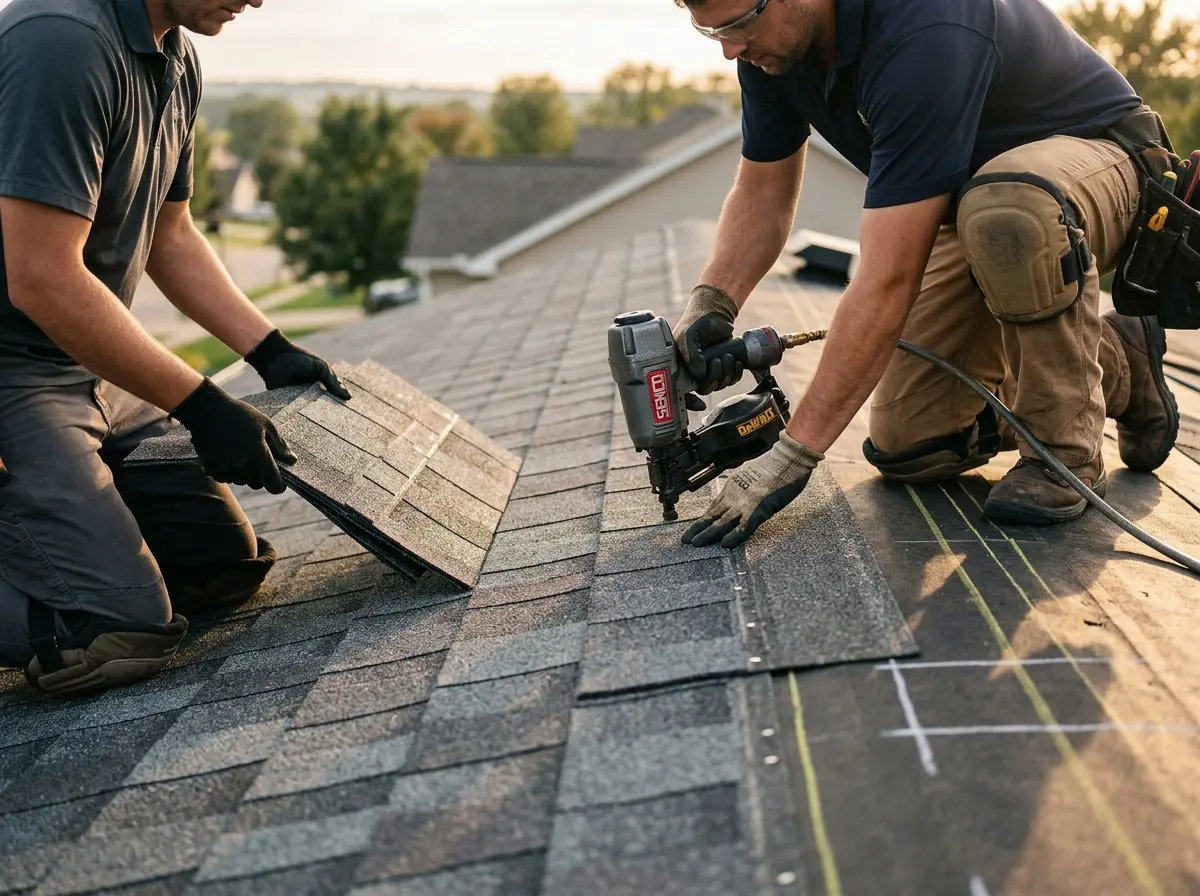 Professional roofer working on a residential roof in White City